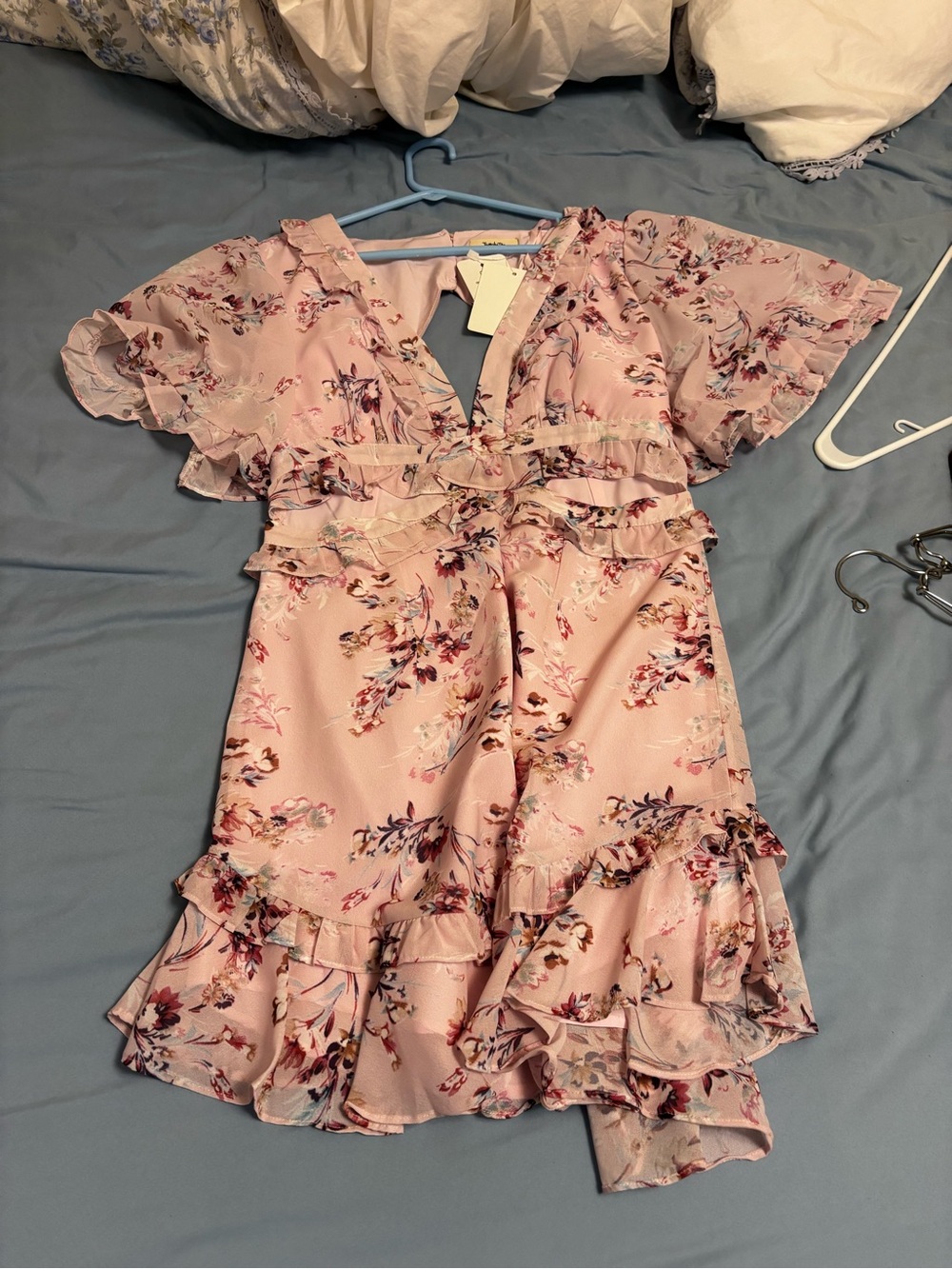 Women's Pink Floral Ruffle Midi Dress